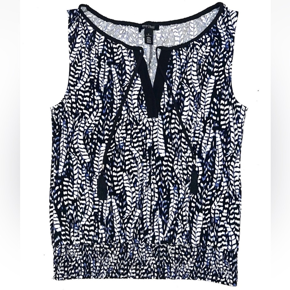 WHBM Abstract Print Sleeveless Smocked Tassel Top Blouse Sz M